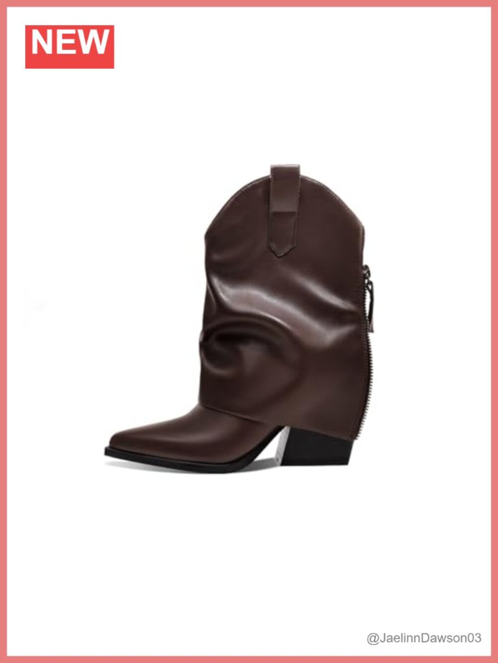 Fold Over Ankle Booties - Pointed Toe Chunky Heel with Side Zipper
